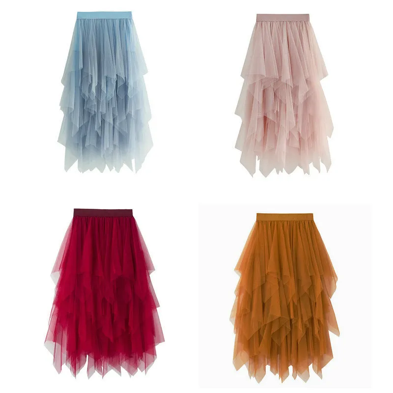 High Waist Slimming Flower Bud Irregular Mesh Skirt