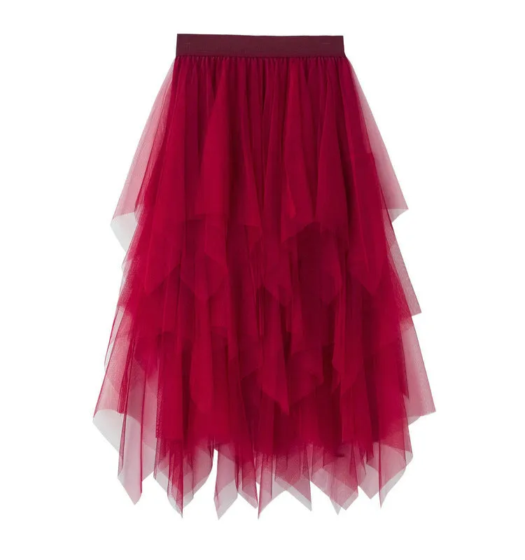 High Waist Slimming Flower Bud Irregular Mesh Skirt