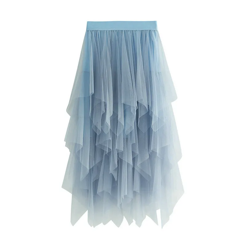 High Waist Slimming Flower Bud Irregular Mesh Skirt
