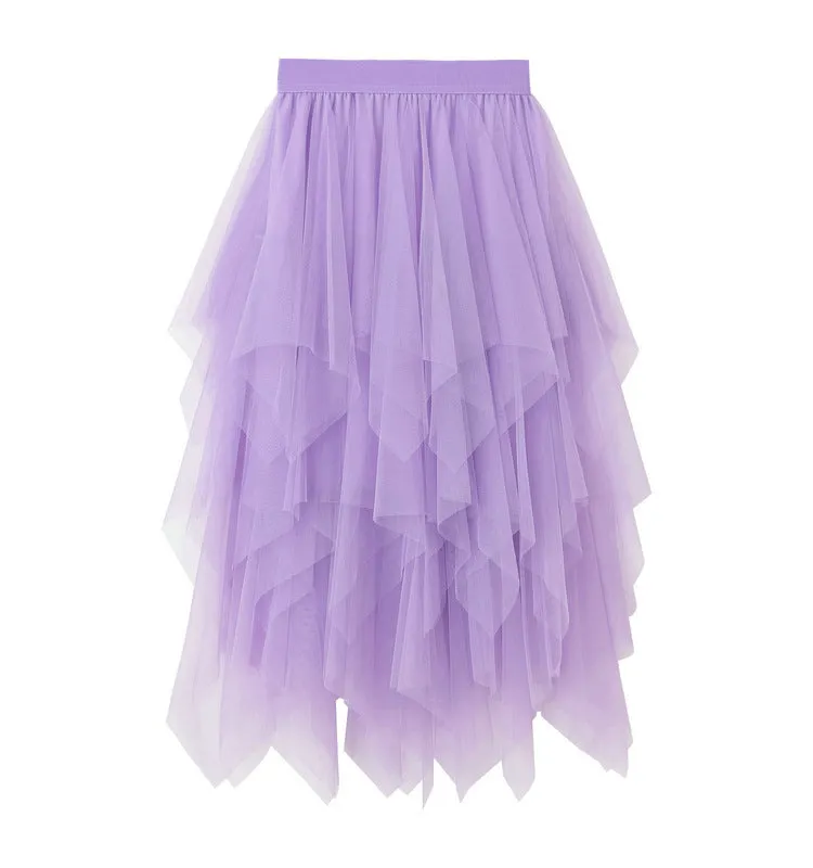 High Waist Slimming Flower Bud Irregular Mesh Skirt