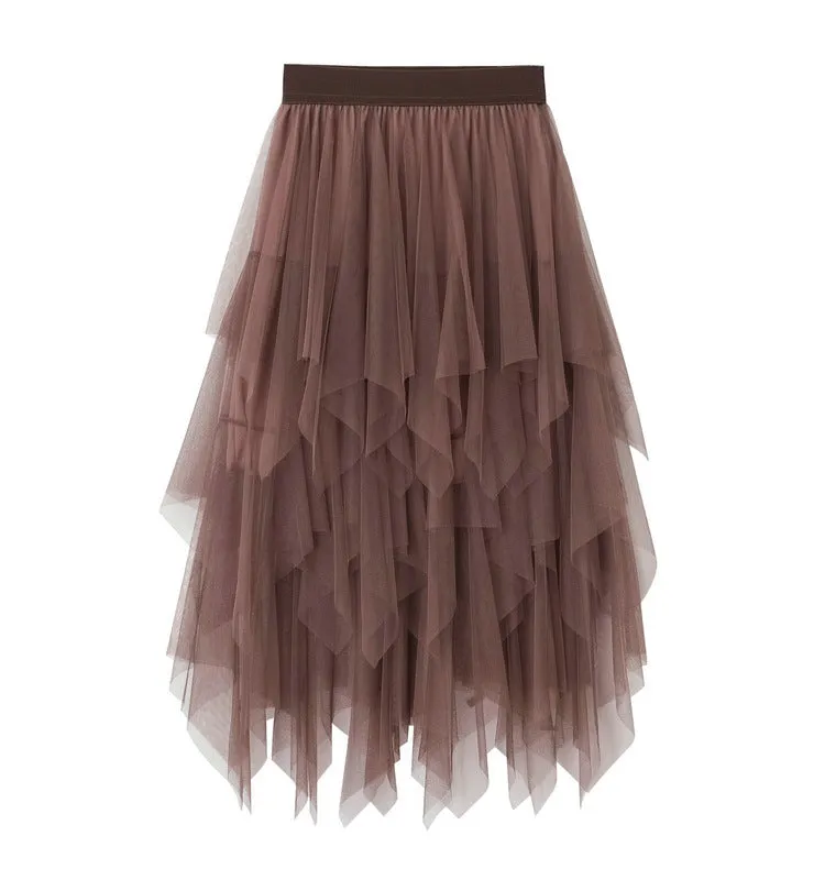 High Waist Slimming Flower Bud Irregular Mesh Skirt