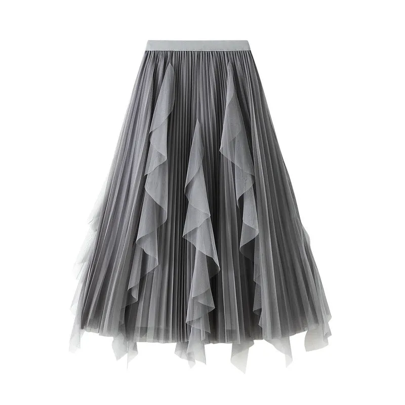 High Waist Stitching Mesh Skirt Women's Mid-length Pleated Skirt