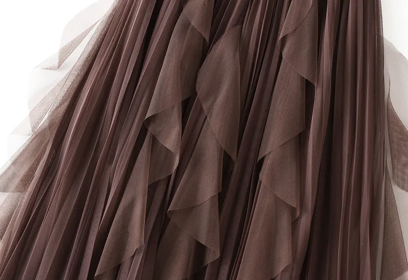 High Waist Stitching Mesh Skirt Women's Mid-length Pleated Skirt