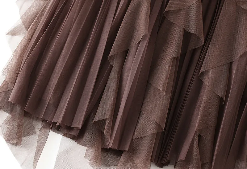 High Waist Stitching Mesh Skirt Women's Mid-length Pleated Skirt