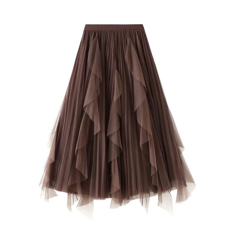 High Waist Stitching Mesh Skirt Women's Mid-length Pleated Skirt