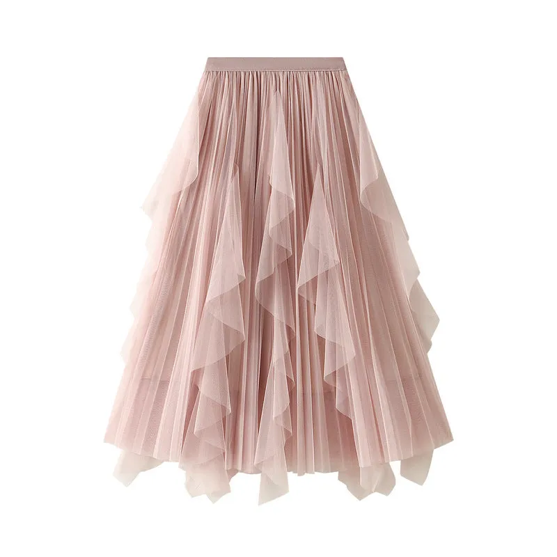 High Waist Stitching Mesh Skirt Women's Mid-length Pleated Skirt