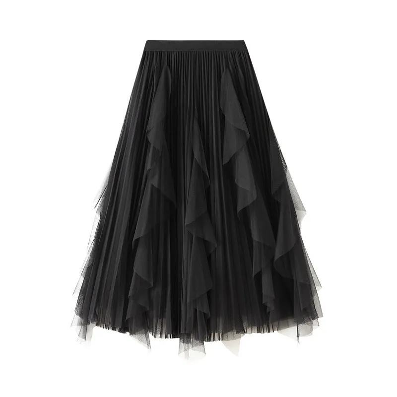 High Waist Stitching Mesh Skirt Women's Mid-length Pleated Skirt