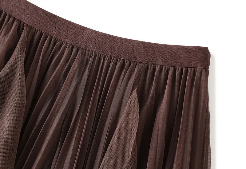 High Waist Stitching Mesh Skirt Women's Mid-length Pleated Skirt