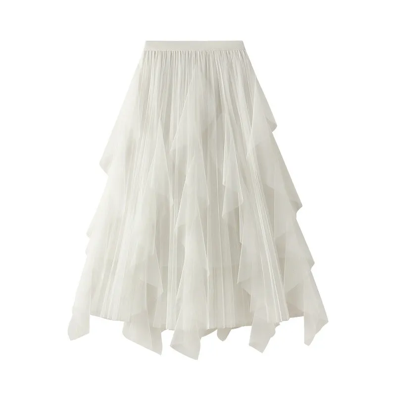 High Waist Stitching Mesh Skirt Women's Mid-length Pleated Skirt