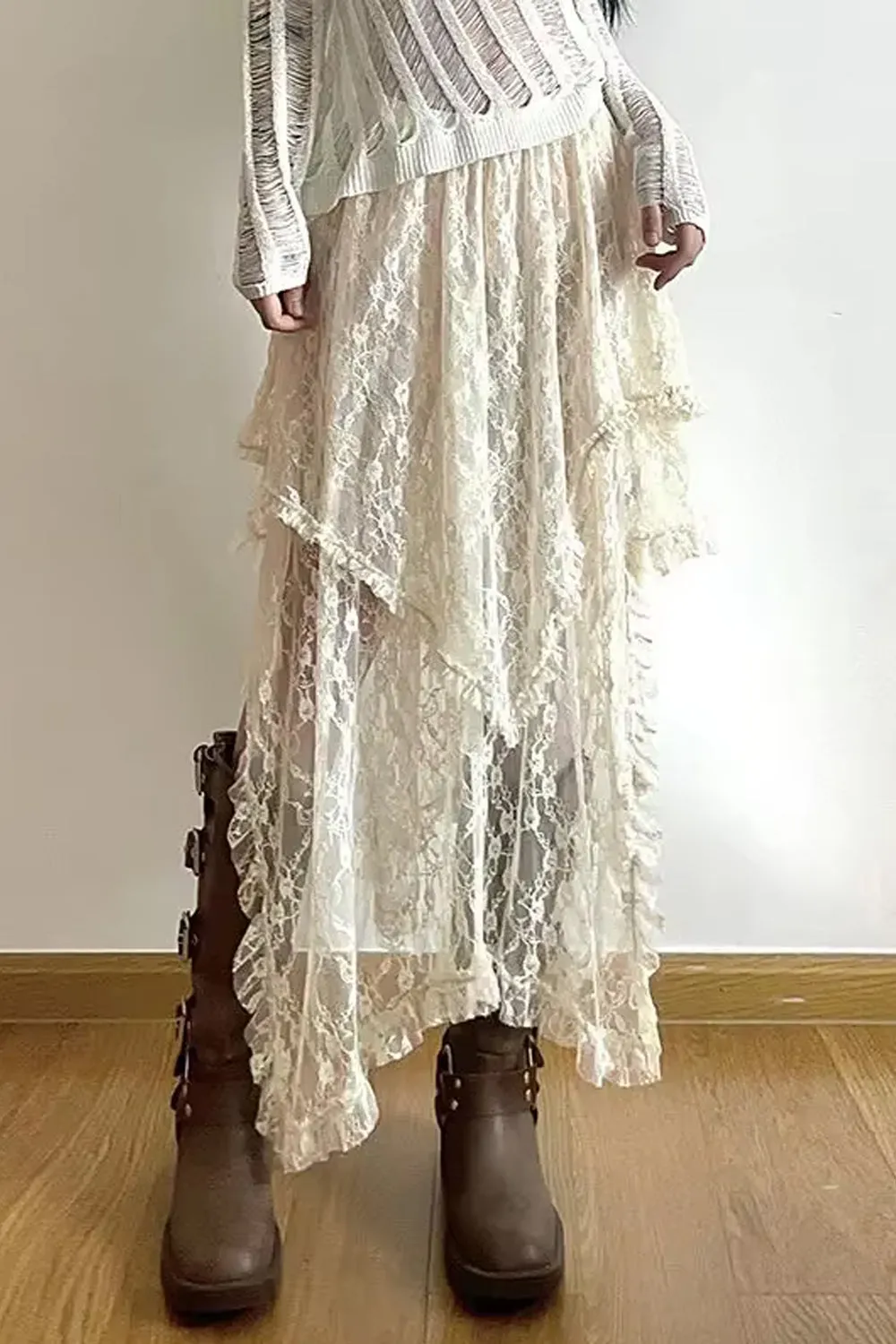 High Waist Vintage Lace Boho Asymmetrical Skirts