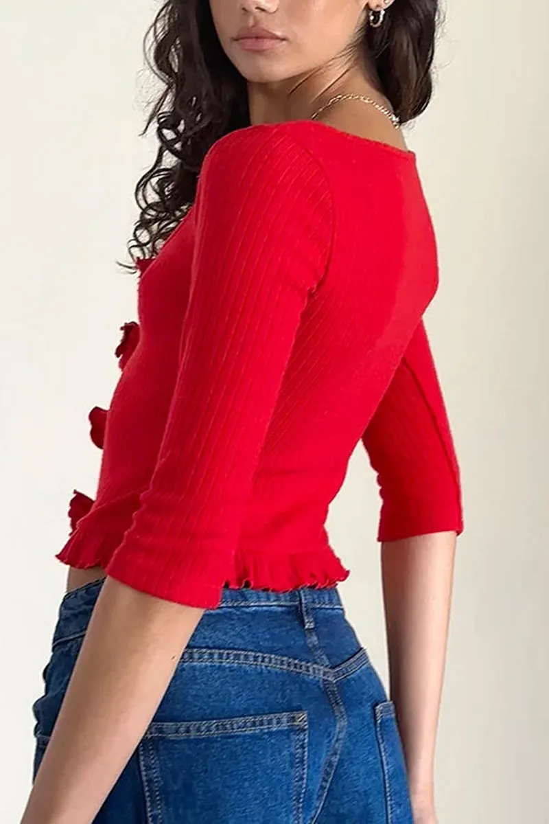 HWT1168 Floral Button Ribbed Knit Top