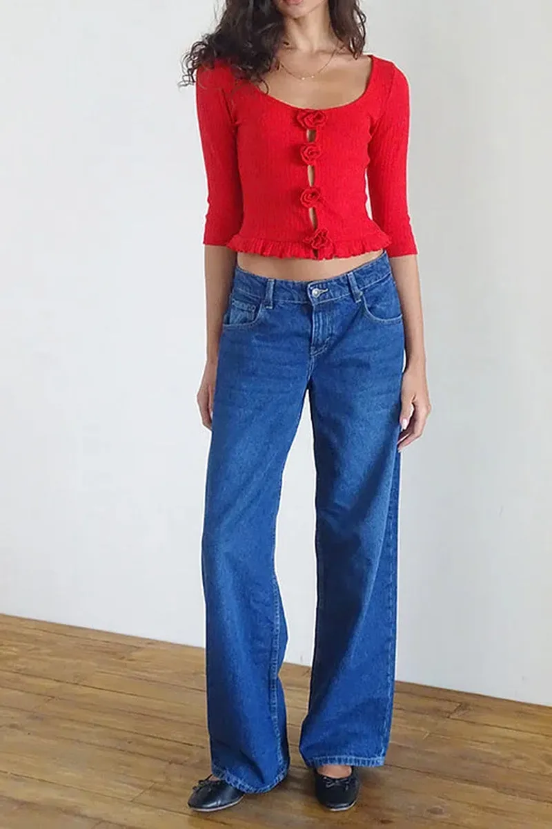HWT1168 Floral Button Ribbed Knit Top