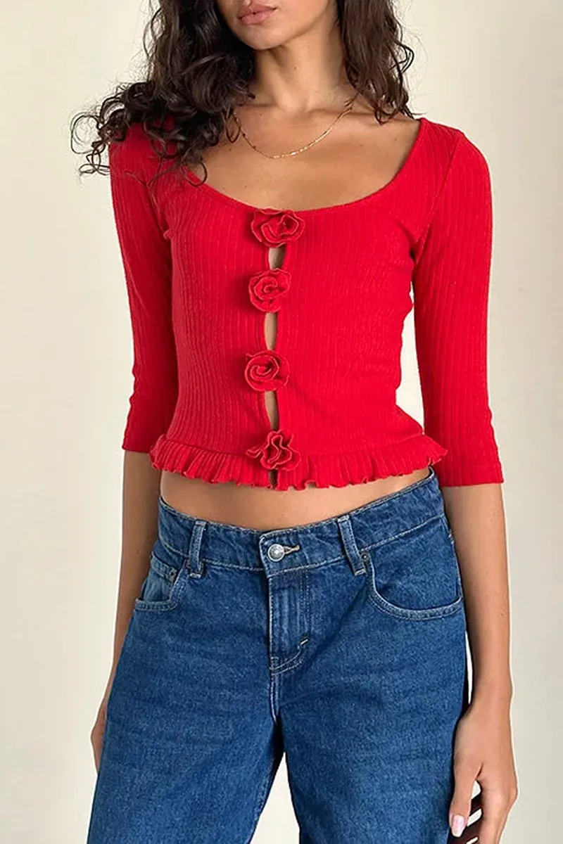 HWT1168 Floral Button Ribbed Knit Top