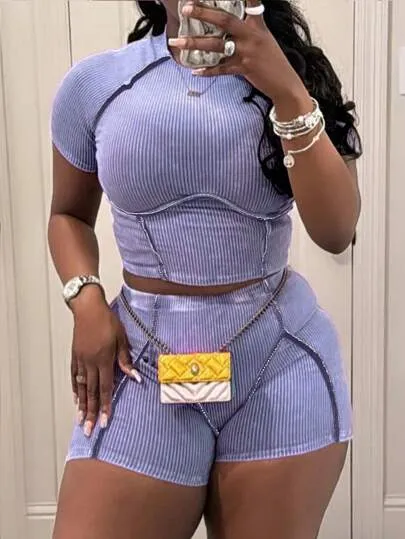 INAWLY 2pcs Women's Crew Neck Raglan Sleeve T-Shirt And Shorts, Fitted & Sexy Summer Set