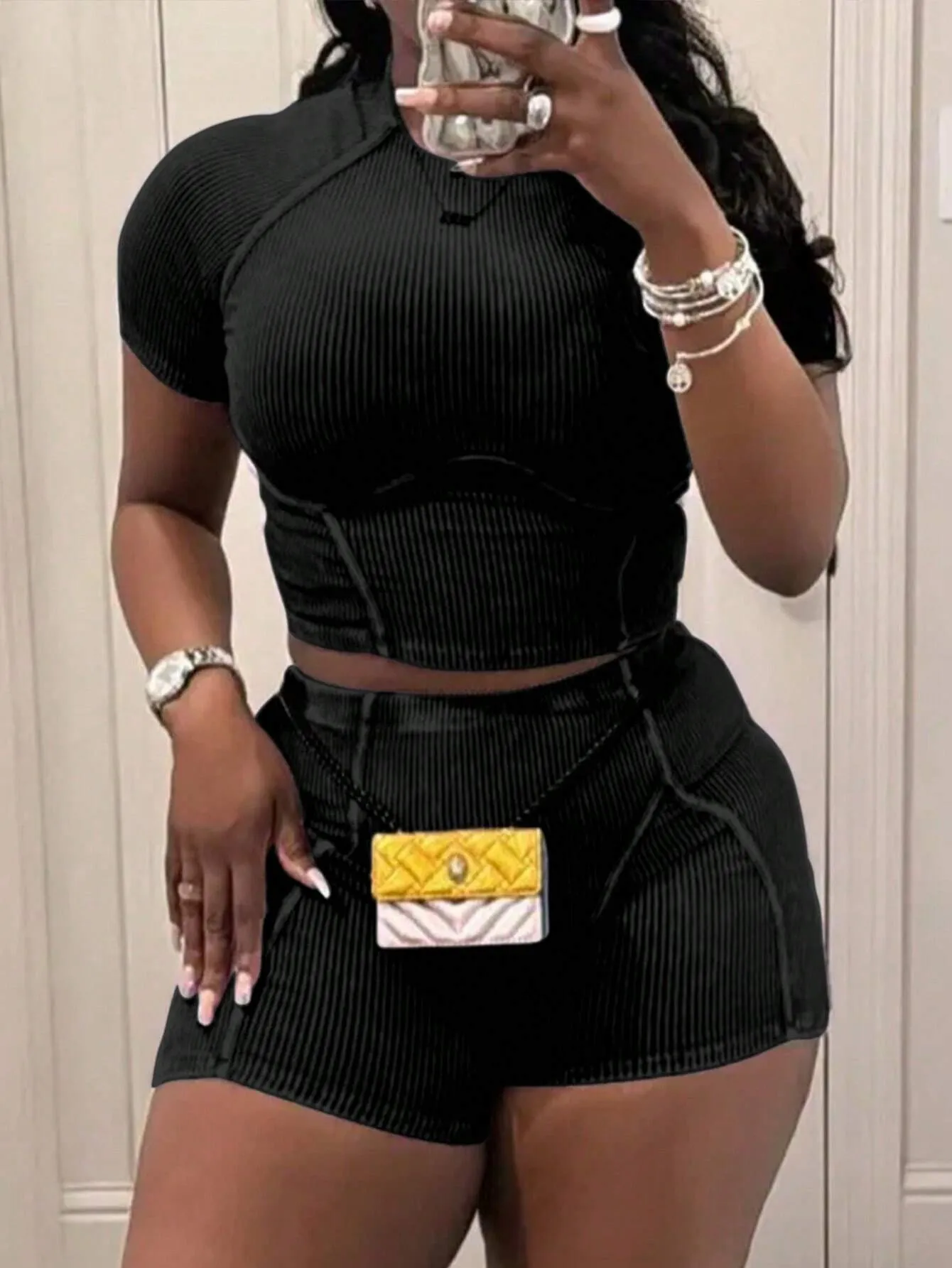 INAWLY 2pcs Women's Crew Neck Raglan Sleeve T-Shirt And Shorts, Fitted & Sexy Summer Set