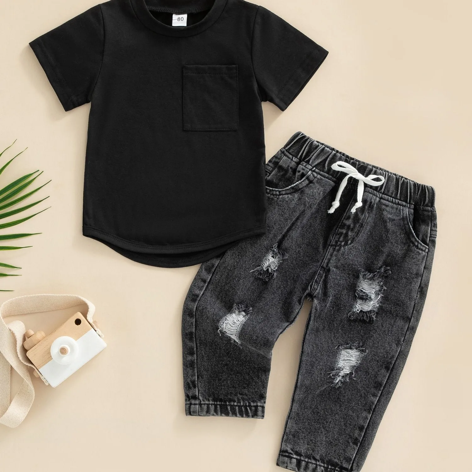 Infant Baby Boys 2pcs Outfits, Solid Color Round Neck Short Sleeve T-Shirt Tops   Ripped Jeans Denim Pants Set, for Outdoor