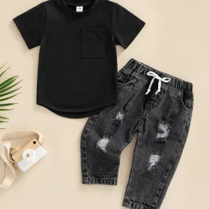 Infant Baby Boys 2pcs Outfits, Solid Color Round Neck Short Sleeve T-Shirt Tops   Ripped Jeans Denim Pants Set, for Outdoor