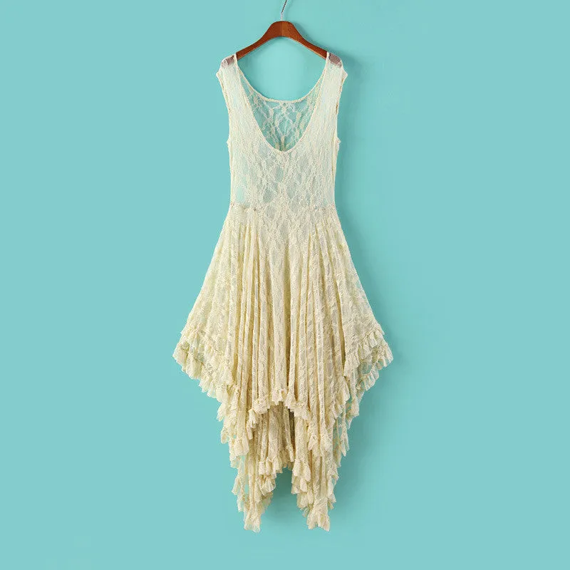 Irregular Lace Dress Boho Hippie Style Asymmetrical Embroidery Sheer Long Dresses Double Layered Ruffled Trimming Low No Lining