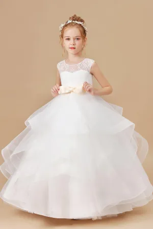 Ivory Multi-layered Tulle Ruffled Satin Flower Girl Dresses With Champagne Bow Front and Back