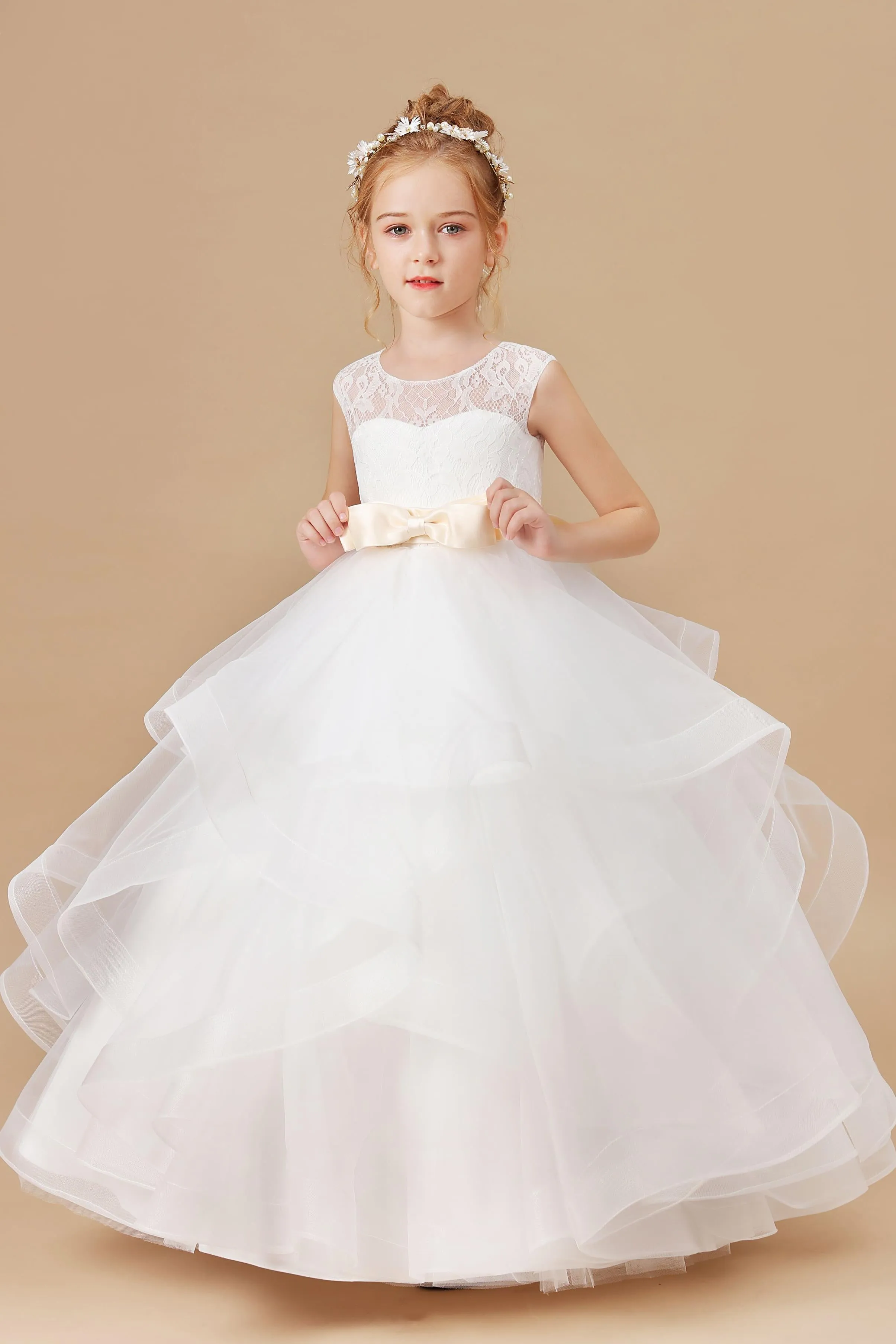 Ivory Multi-layered Tulle Ruffled Satin Flower Girl Dresses With Champagne Bow Front and Back
