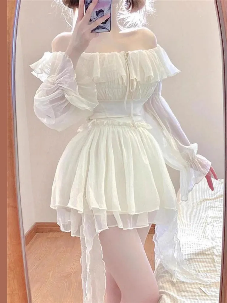 JazzHer Sweet Elegant 2 Piece Set Women Off Shoulder Design Y2k Crop Tops   Cute Mini Skirts 2025 Summer Korean Fashion Skirts Suits New