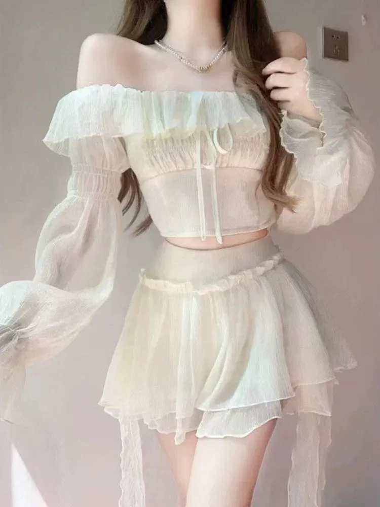JazzHer Sweet Elegant 2 Piece Set Women Off Shoulder Design Y2k Crop Tops   Cute Mini Skirts 2025 Summer Korean Fashion Skirts Suits New
