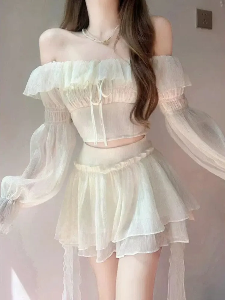 JazzHer Sweet Elegant 2 Piece Set Women Off Shoulder Design Y2k Crop Tops   Cute Mini Skirts 2025 Summer Korean Fashion Skirts Suits New