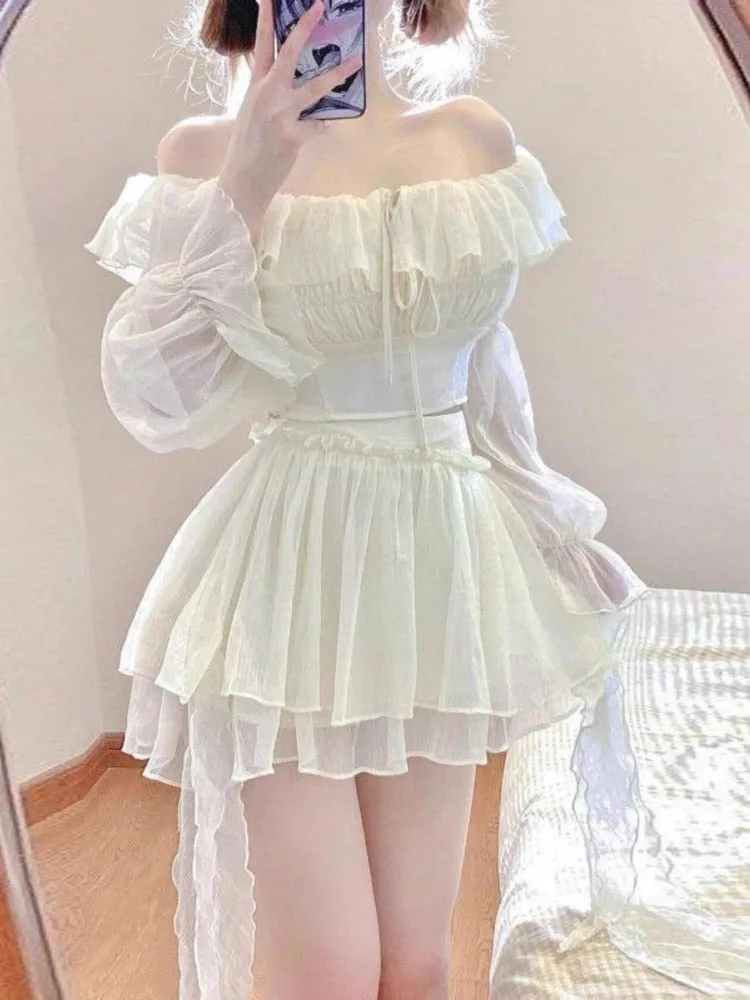 JazzHer Sweet Elegant 2 Piece Set Women Off Shoulder Design Y2k Crop Tops   Cute Mini Skirts 2025 Summer Korean Fashion Skirts Suits New