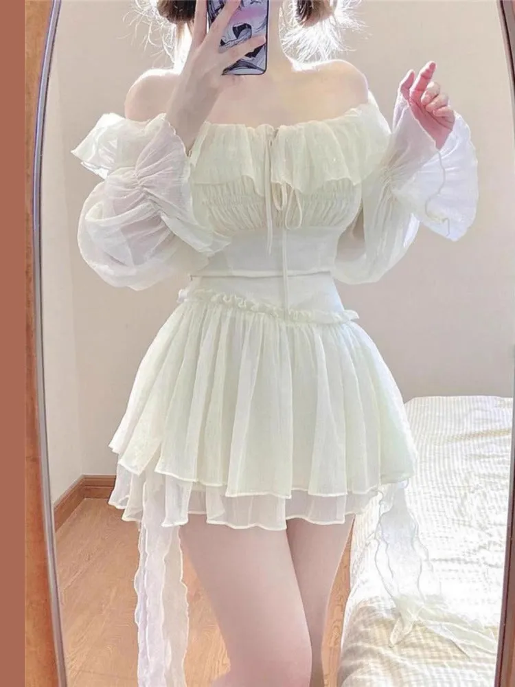 JazzHer Sweet Elegant 2 Piece Set Women Off Shoulder Design Y2k Crop Tops   Cute Mini Skirts 2025 Summer Korean Fashion Skirts Suits New