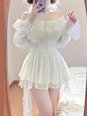 JazzHer Sweet Elegant 2 Piece Set Women Off Shoulder Design Y2k Crop Tops   Cute Mini Skirts 2025 Summer Korean Fashion Skirts Suits New