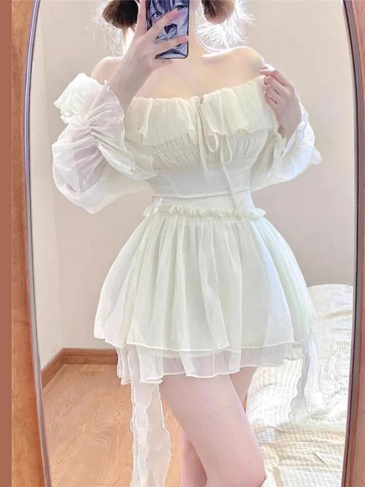 JazzHer Sweet Elegant 2 Piece Set Women Off Shoulder Design Y2k Crop Tops   Cute Mini Skirts 2025 Summer Korean Fashion Skirts Suits New
