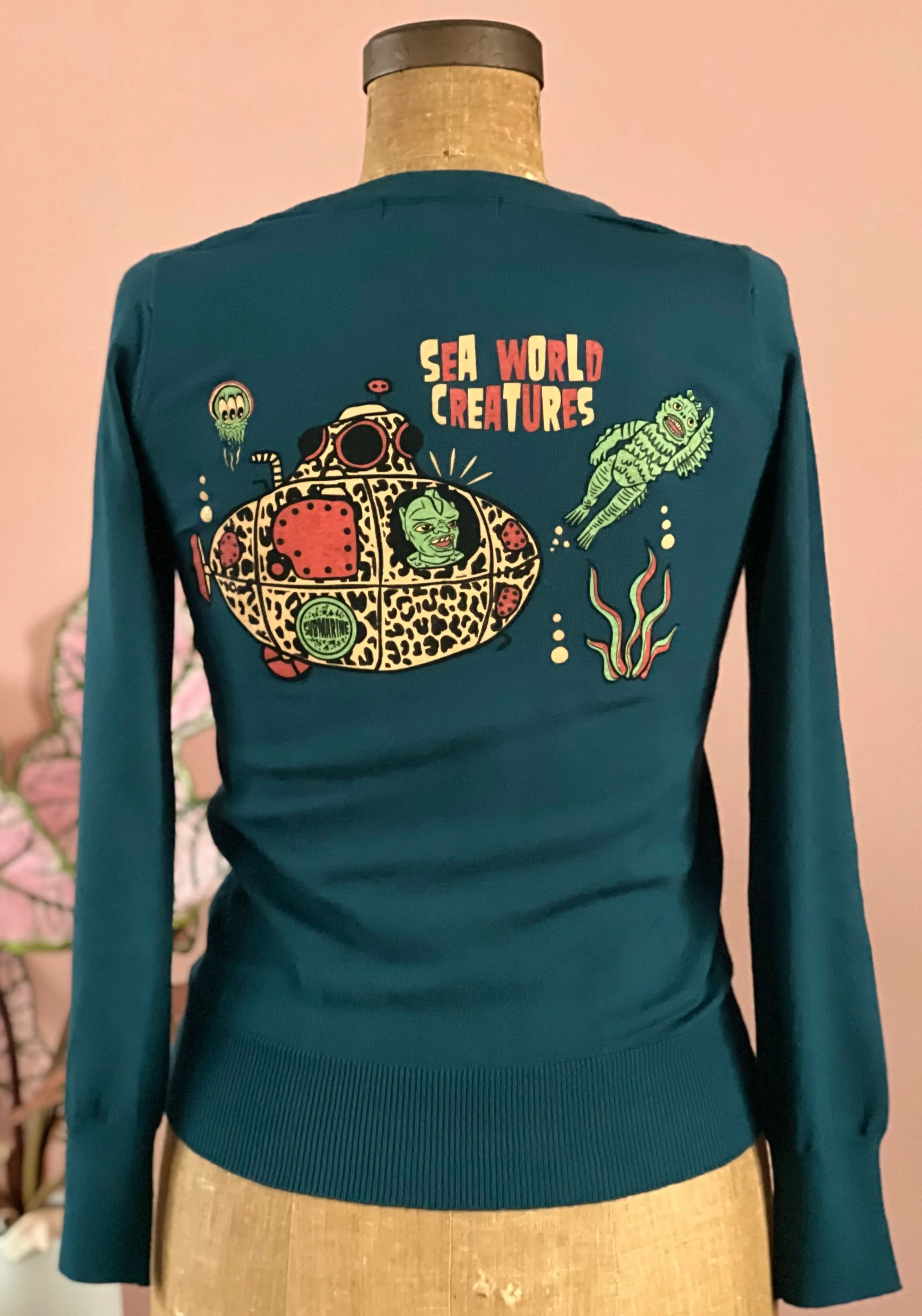 JELLYFISH EMBROIDERY FITTED SWEATER  *PEACOCK