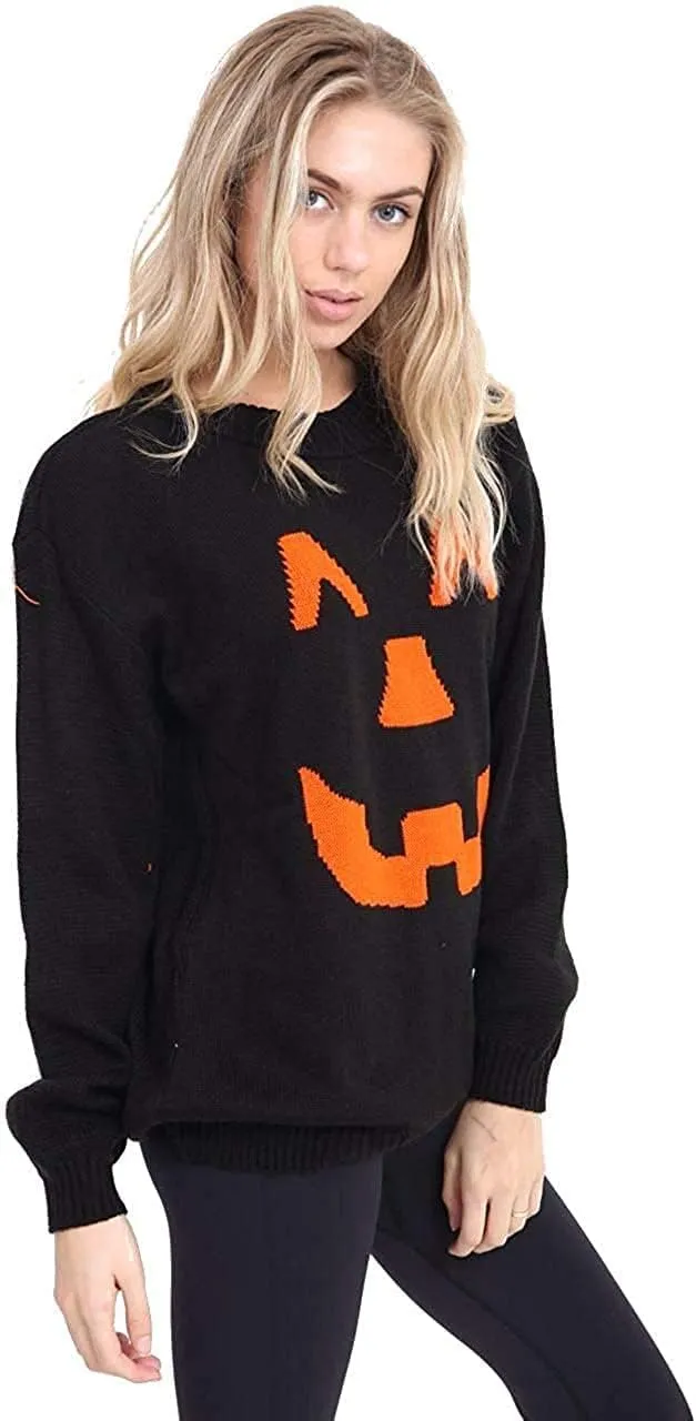 Knitted Halloween Winking Pumpkin Print Jumper