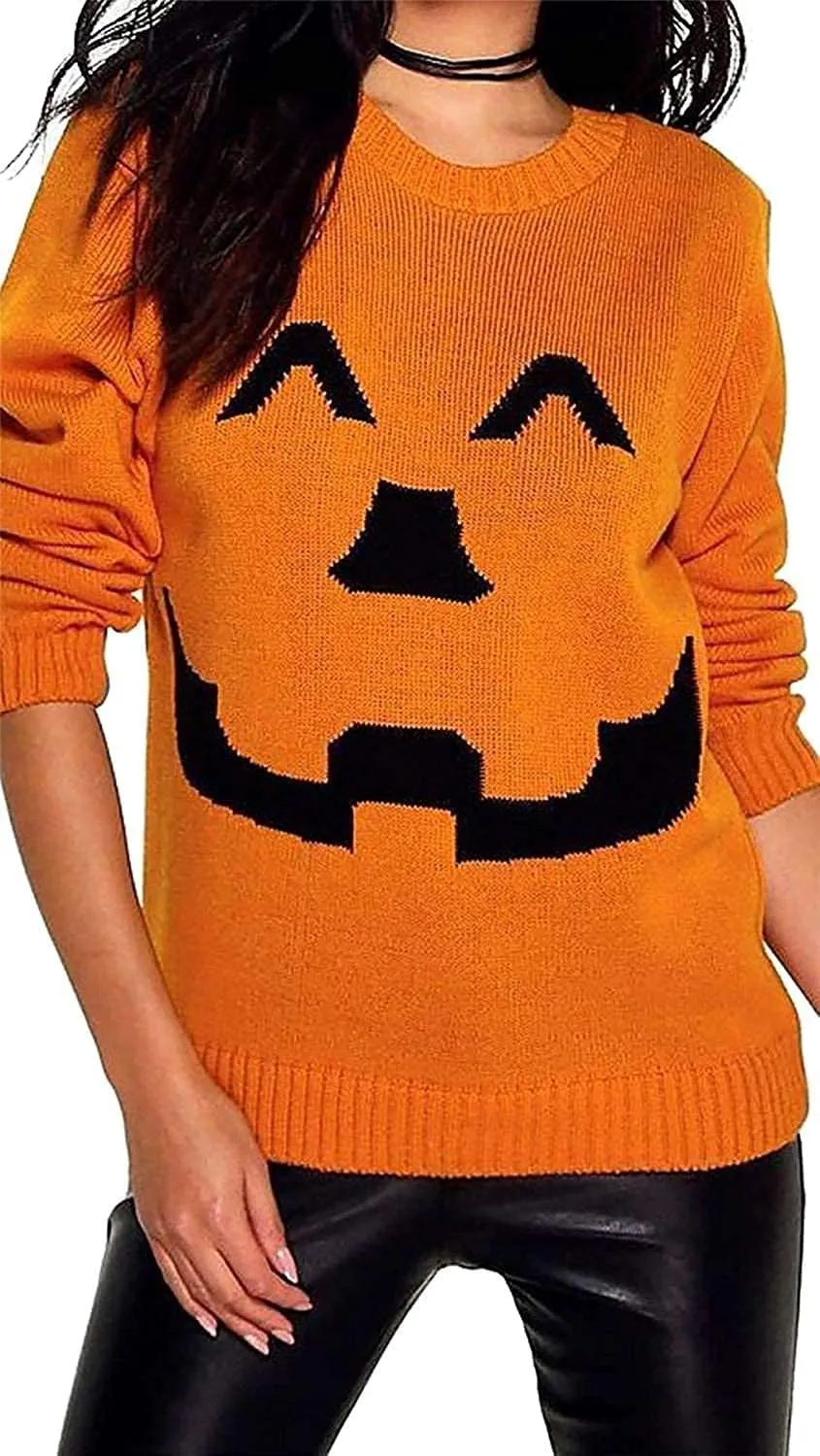 Knitted Halloween Winking Pumpkin Print Jumper