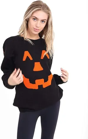 Knitted Halloween Winking Pumpkin Print Jumper