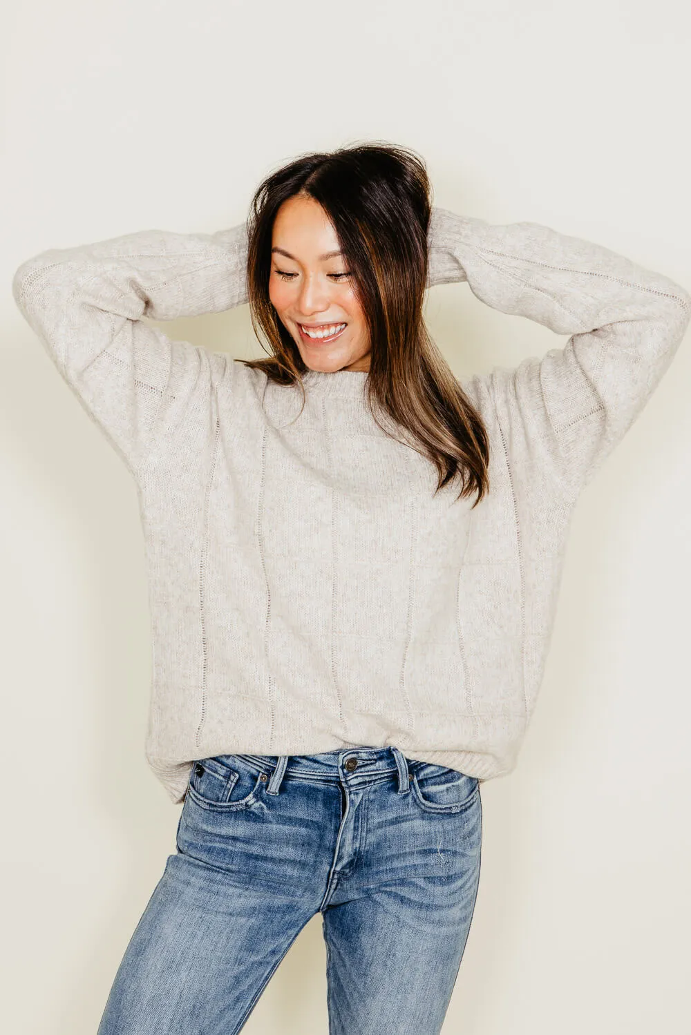 La Miel Check Pattern Crewneck Sweater for Women in Oatmilk | MCS3564-OATMILK