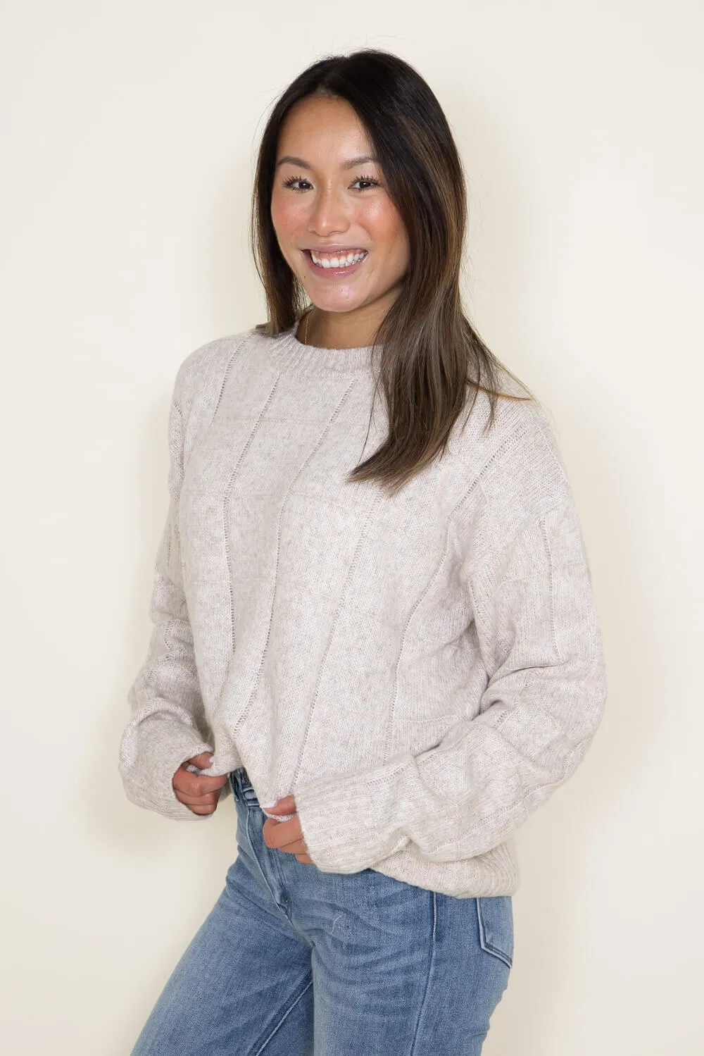 La Miel Check Pattern Crewneck Sweater for Women in Oatmilk | MCS3564-OATMILK