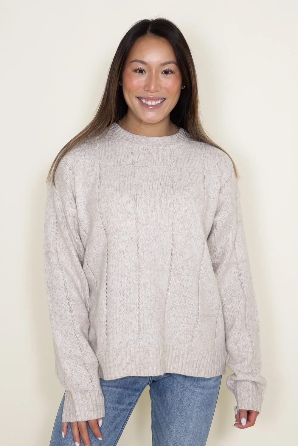 La Miel Check Pattern Crewneck Sweater for Women in Oatmilk | MCS3564-OATMILK