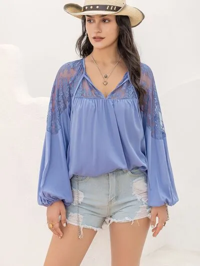 Lace Detail Tie Neck Balloon Sleeve Blouse