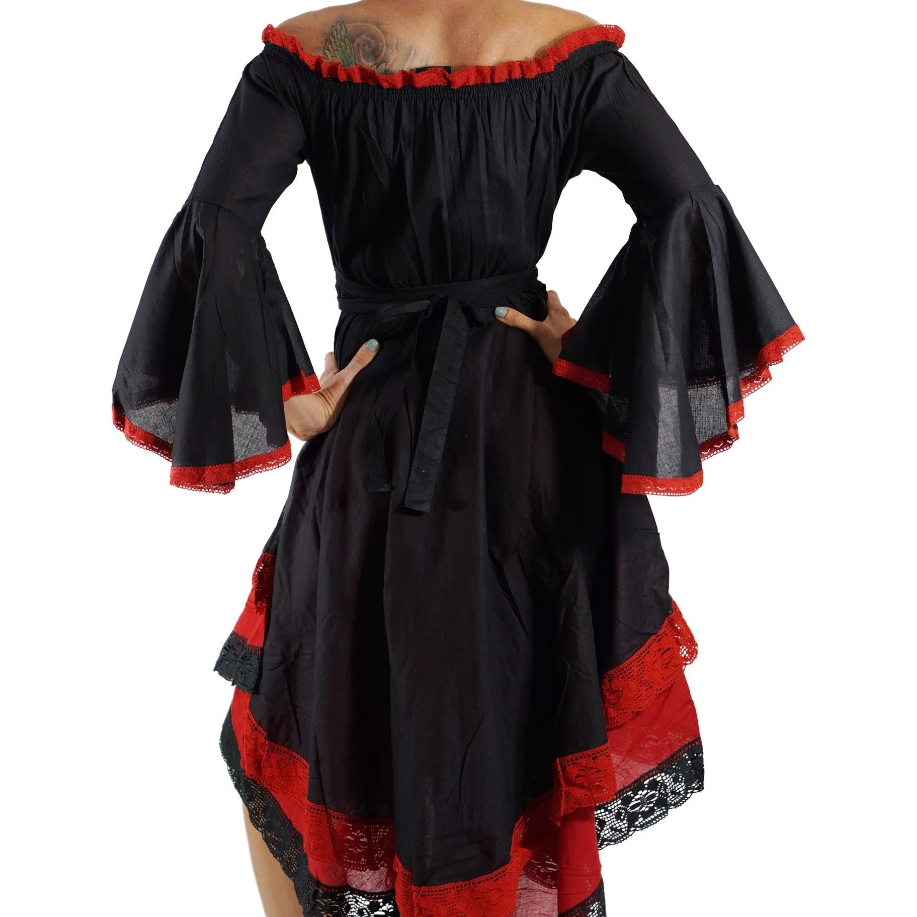 'Lace Dress Long Sleeve - Black/Red