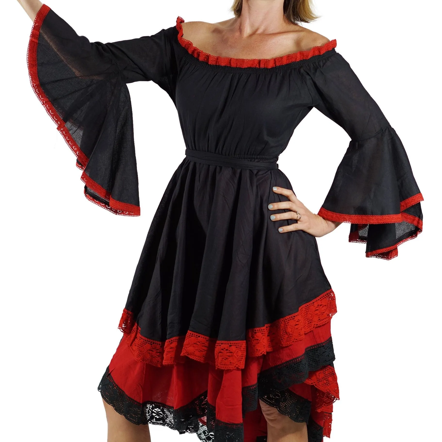 'Lace Dress Long Sleeve - Black/Red