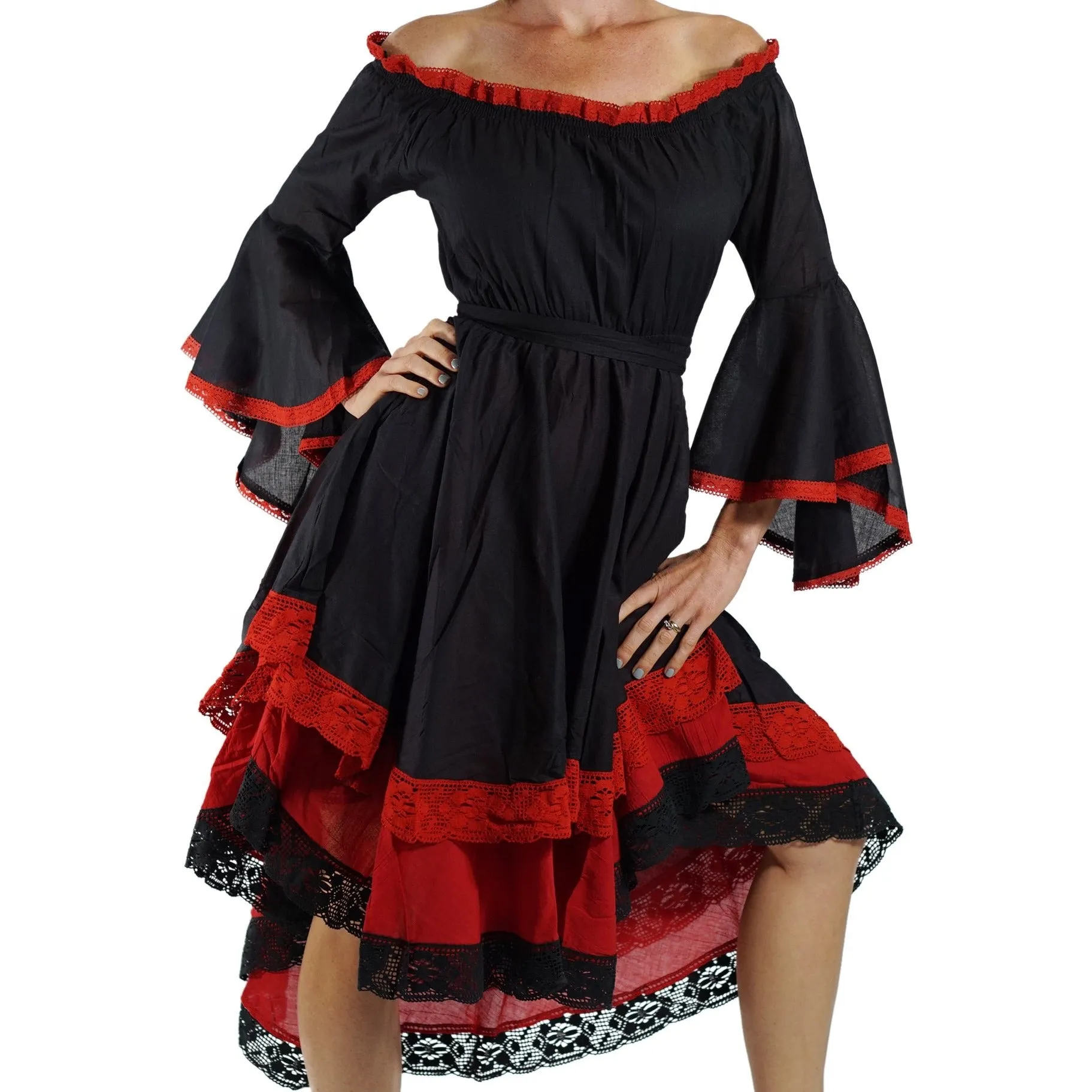 'Lace Dress Long Sleeve - Black/Red