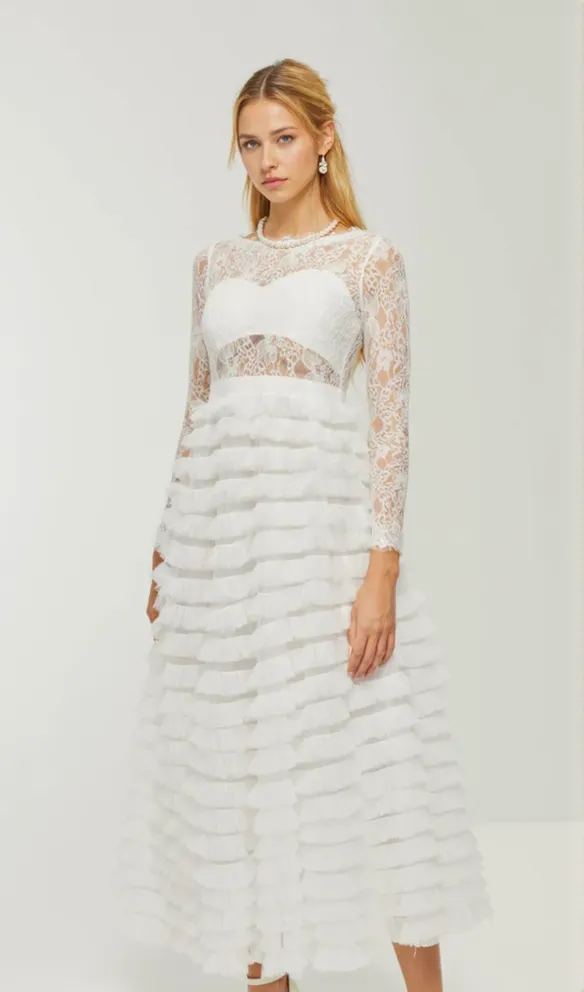 LACE LAYERED HIGH-WAISTED MIDI DRESS IN WHITE