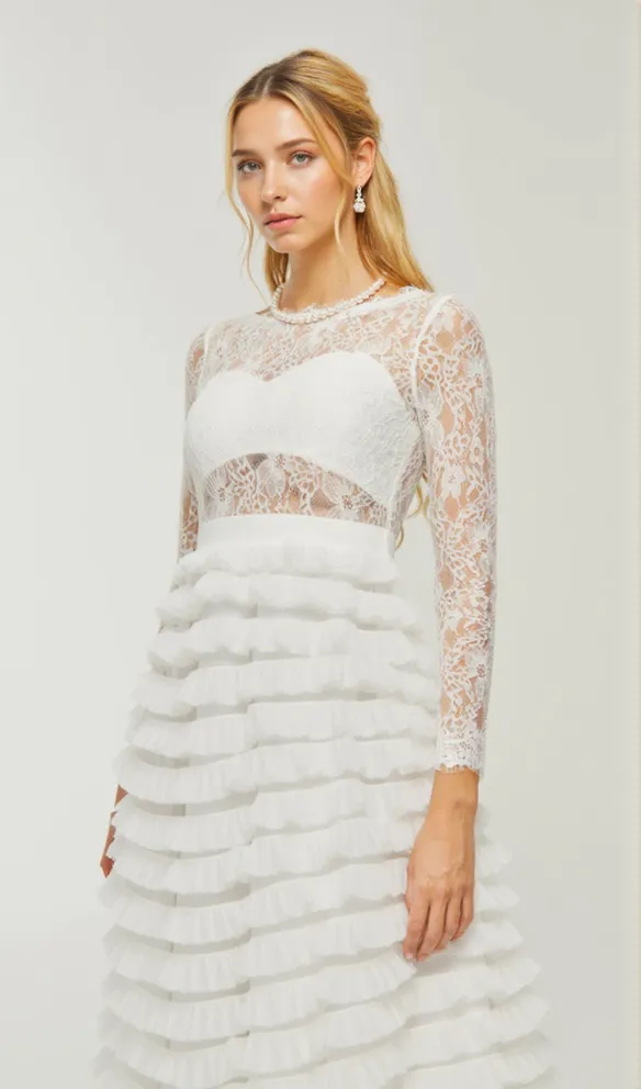 LACE LAYERED HIGH-WAISTED MIDI DRESS IN WHITE