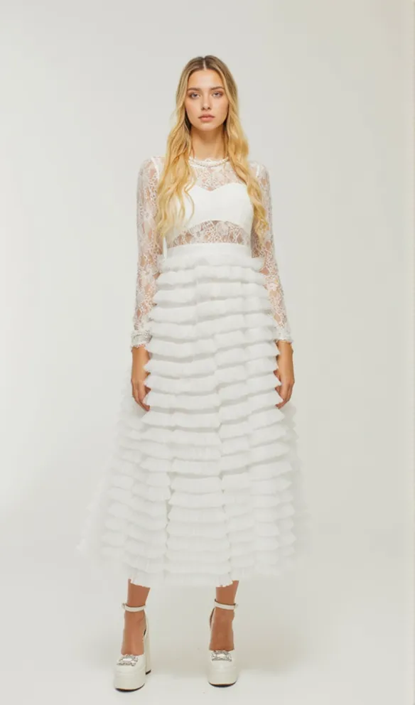 LACE LAYERED HIGH-WAISTED MIDI DRESS IN WHITE