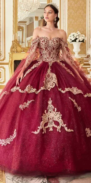 Ladivine 15711 Off the Shoulder Glitter Tulle A-Line Ball Gown Removable Cape