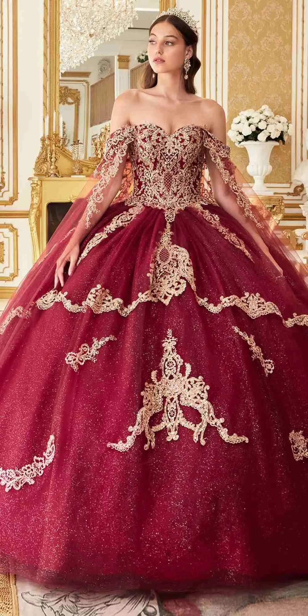 Ladivine 15711 Off the Shoulder Glitter Tulle A-Line Ball Gown Removable Cape