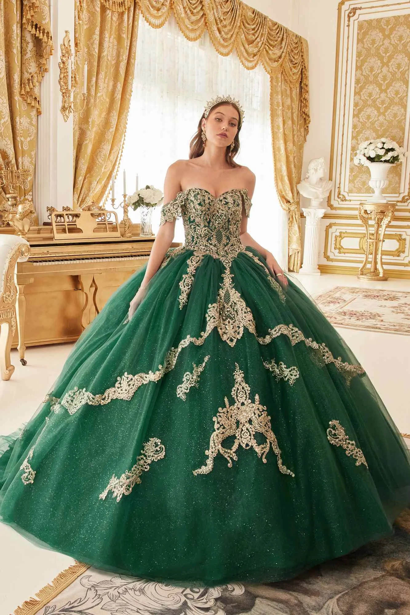 Ladivine 15711 Off the Shoulder Glitter Tulle A-Line Ball Gown Removable Cape