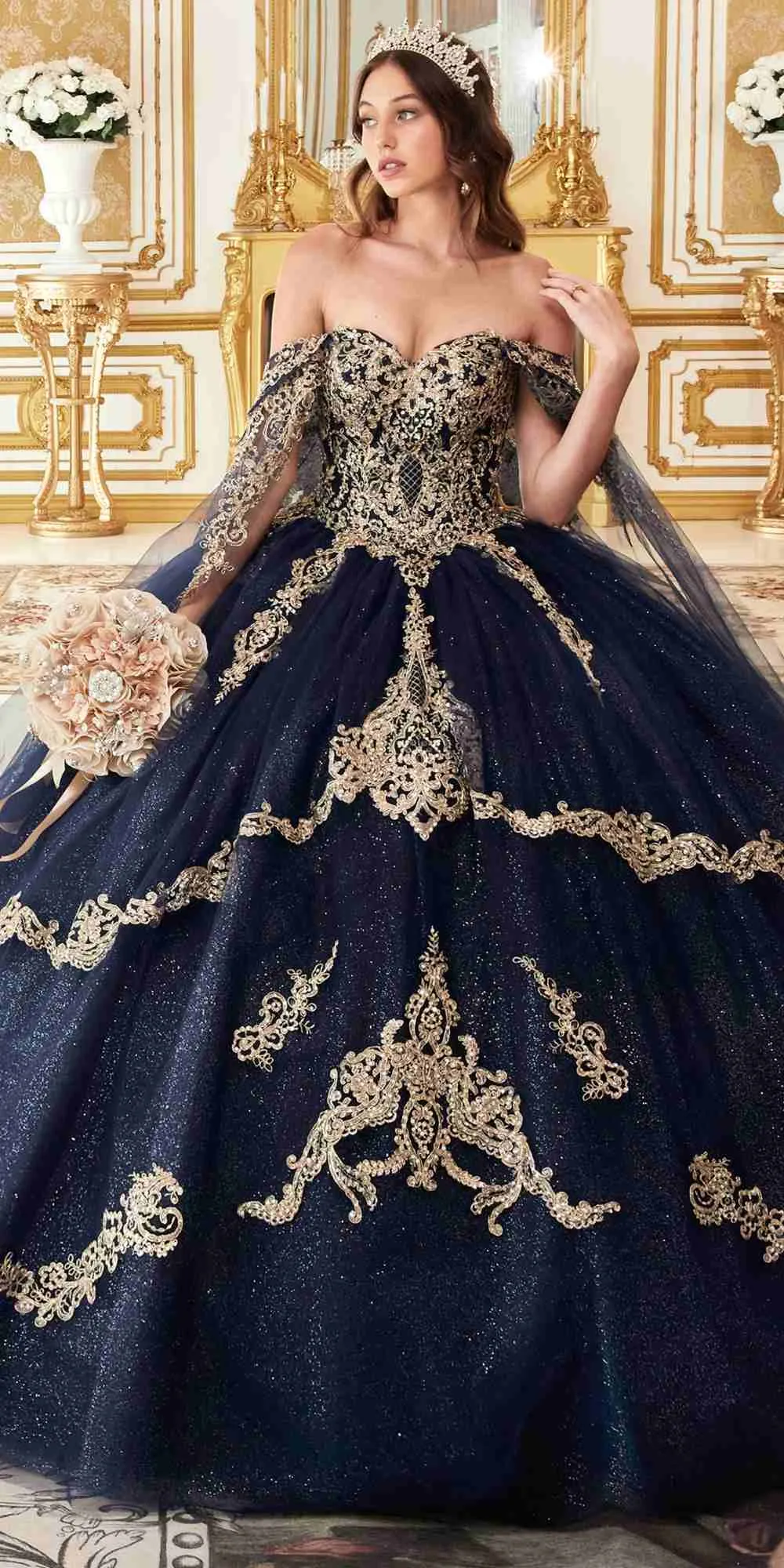 Ladivine 15711 Off the Shoulder Glitter Tulle A-Line Ball Gown Removable Cape