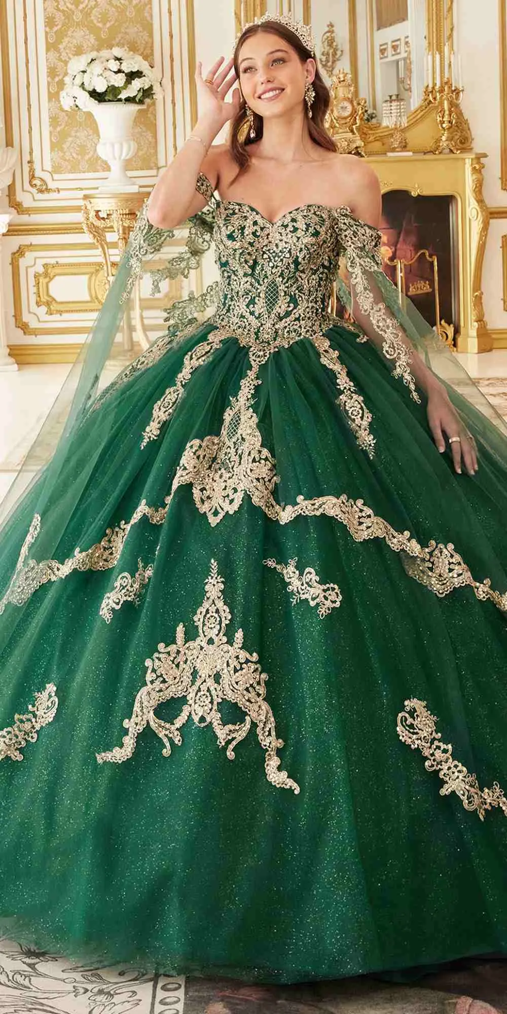 Ladivine 15711 Off the Shoulder Glitter Tulle A-Line Ball Gown Removable Cape